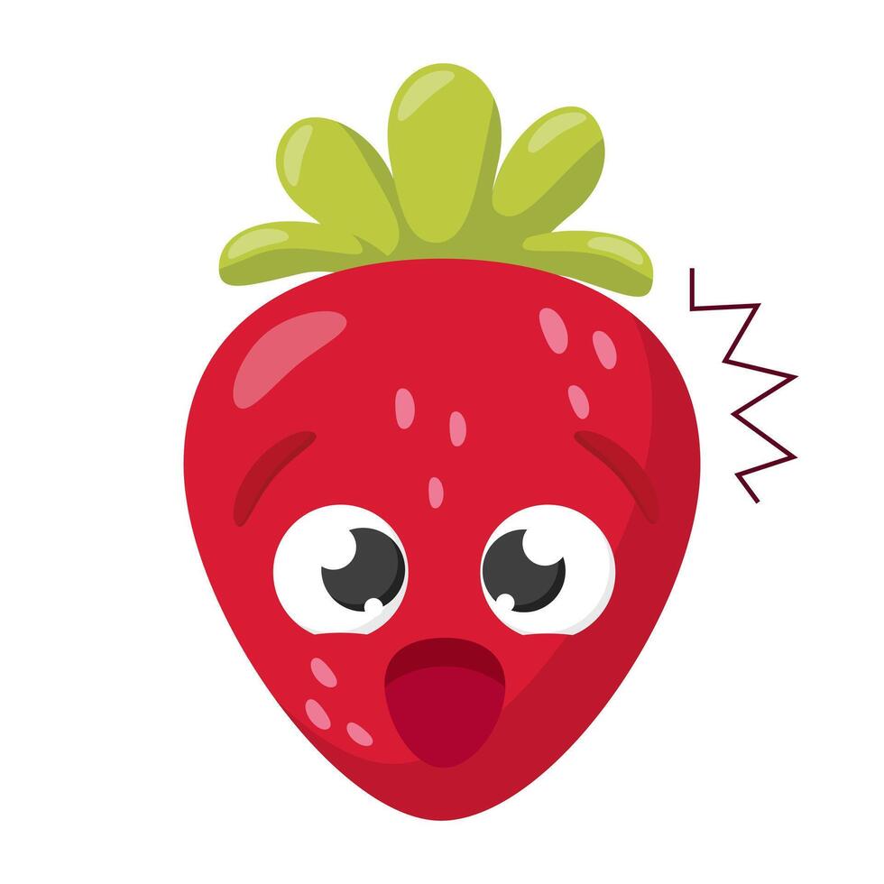 Funny surprised strawberry cartoon face with big eyes and open mouth isolated on white background. vector