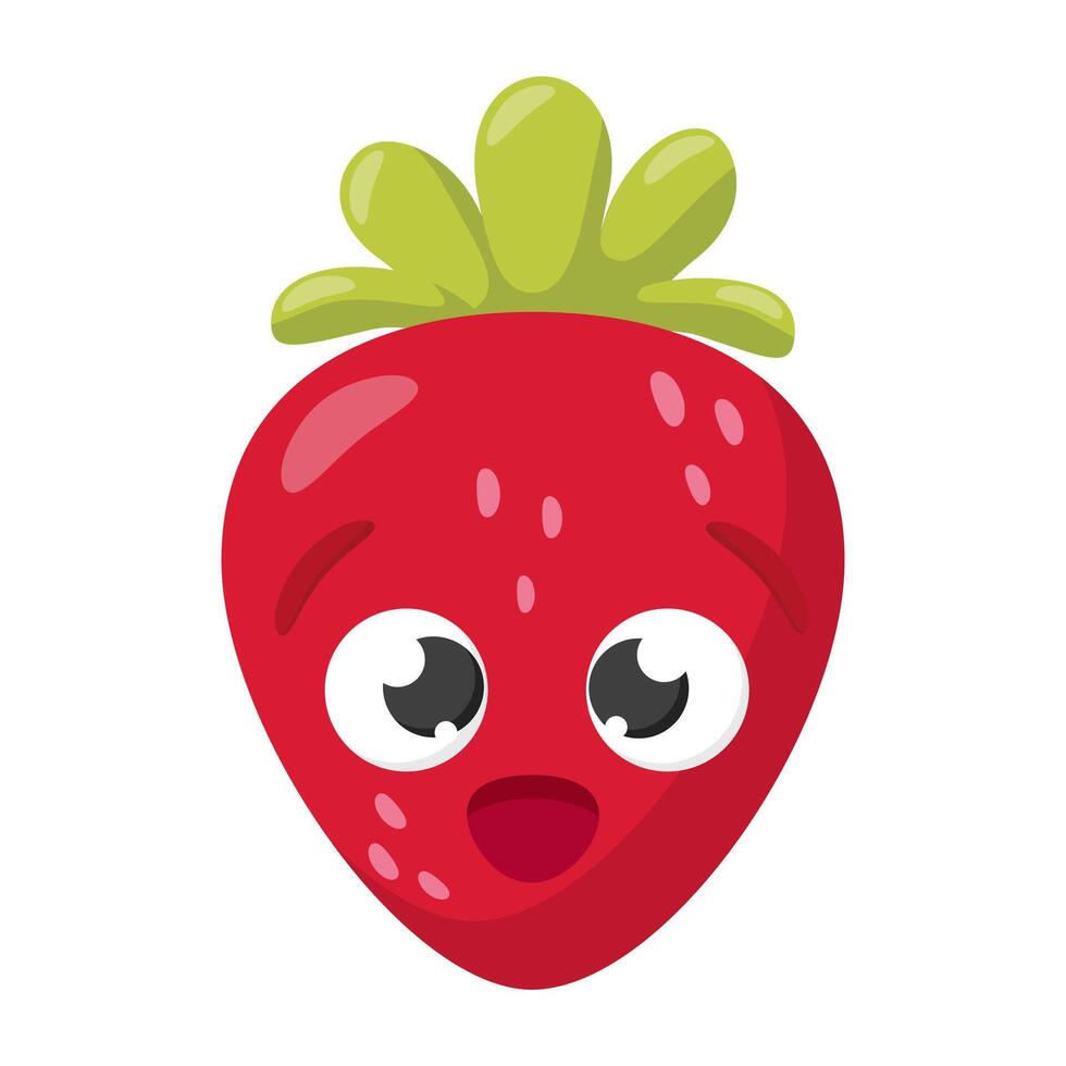 Surprised cartoon strawberry with green leaves isolated on white background. Funny fruit character illustration for design and print vector