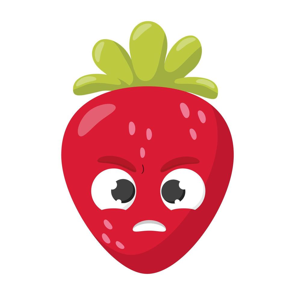 Angry cartoon strawberry with green leaves isolated on white background. Funny fruit character illustration for design and print vector