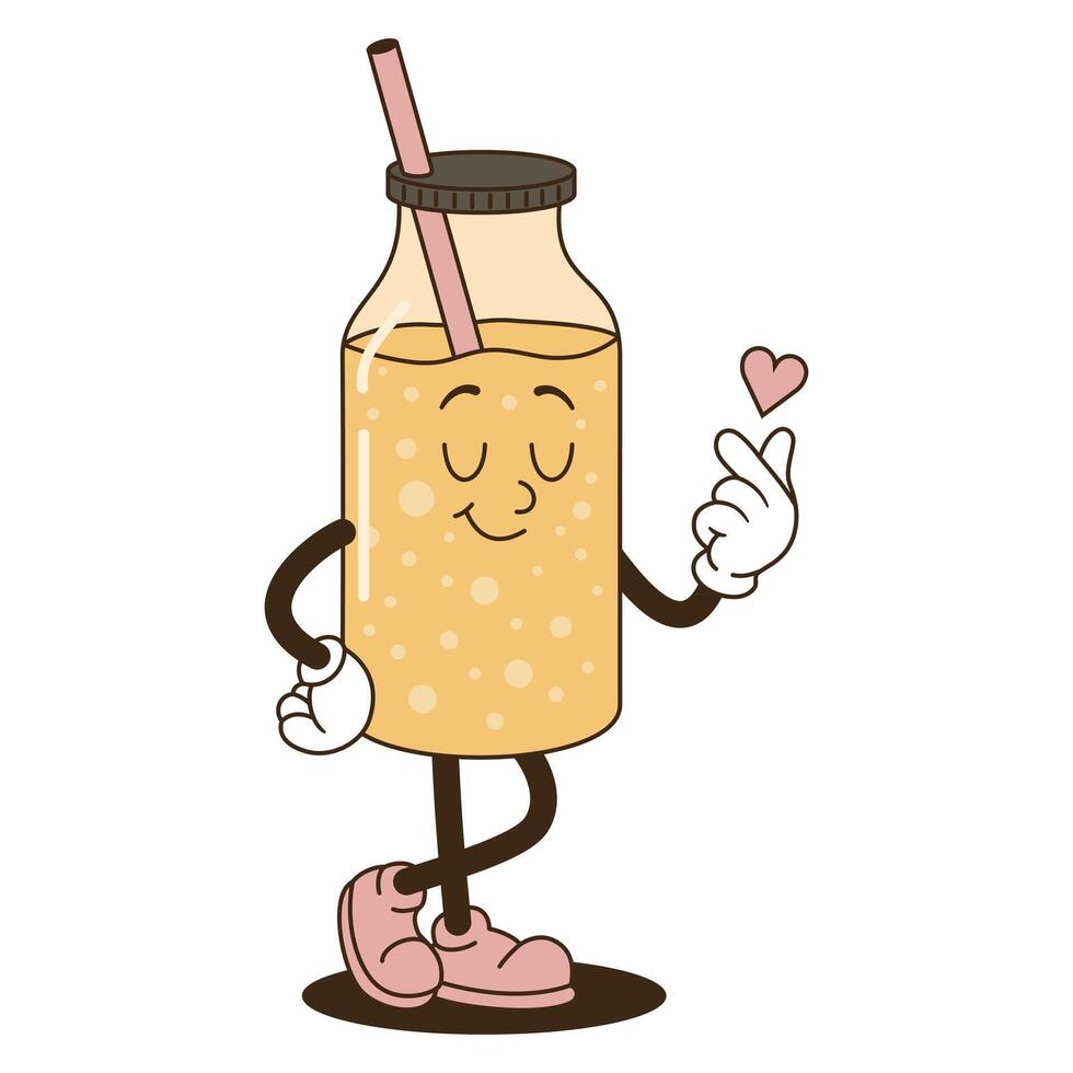 Retro groovy lemonade with straw character doing Finger Heart Gesture vector