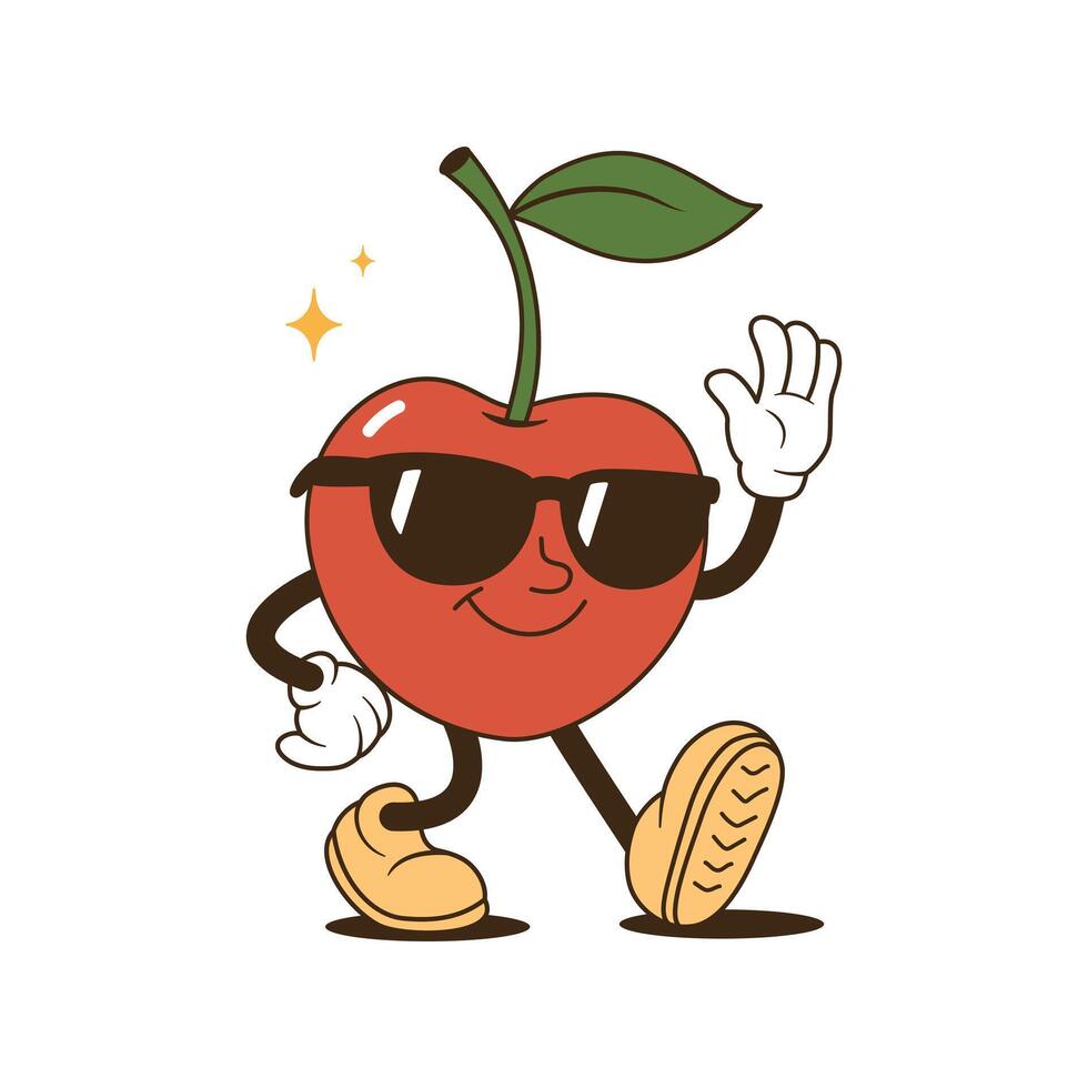 Retro illustration of cherry character with happy smile face, hands and feet. vector