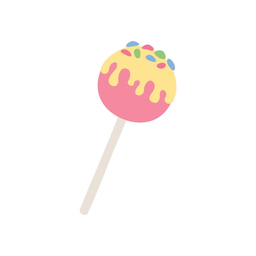Sweet cute pink lollipop on stick in cartoon style. Single glossy pink round candy. illustration vector