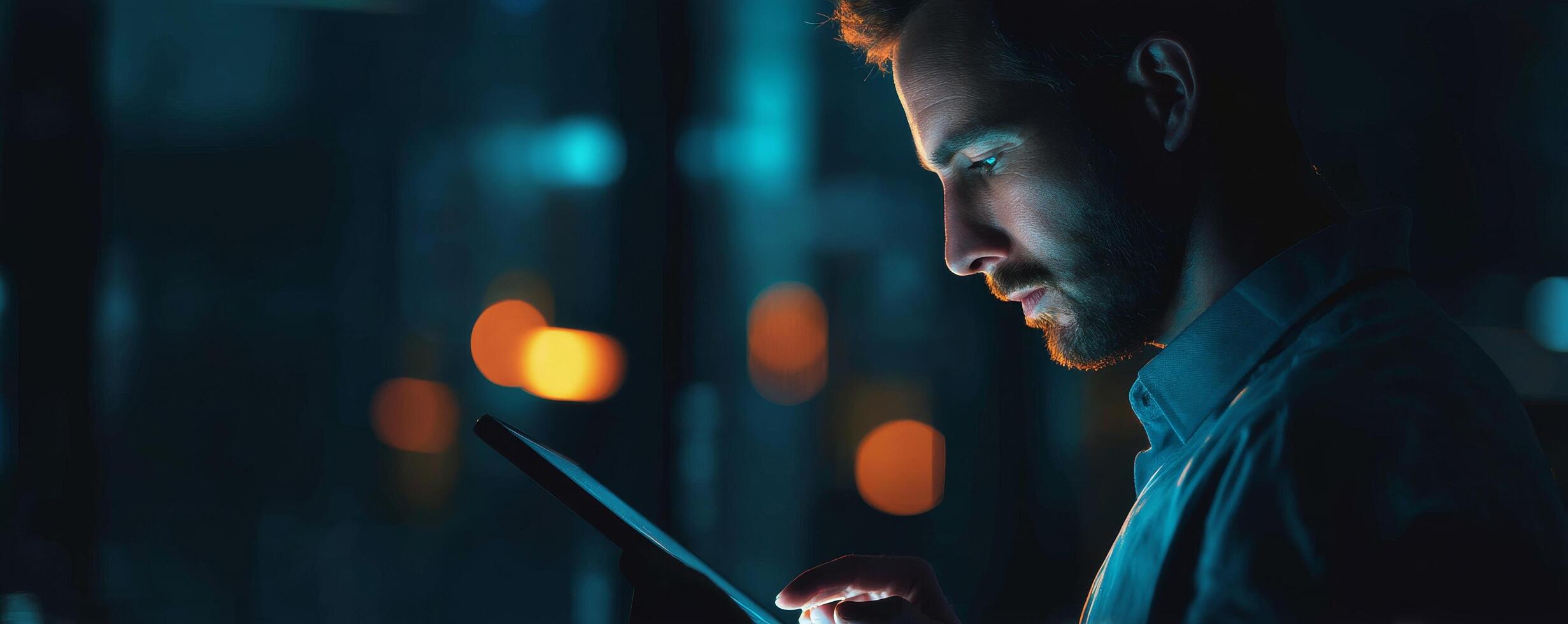 Professional male reviewing data on tablet in night mode environment photo