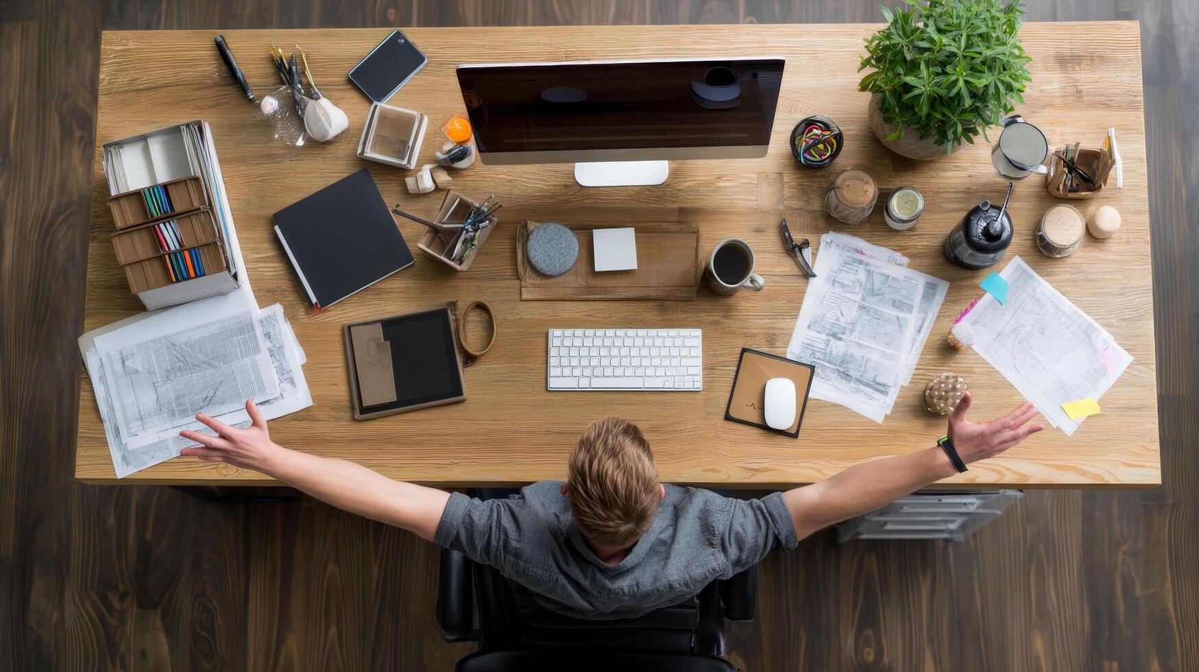 Cheerful individual in well-prepared workspace overhead view lifestyle photo