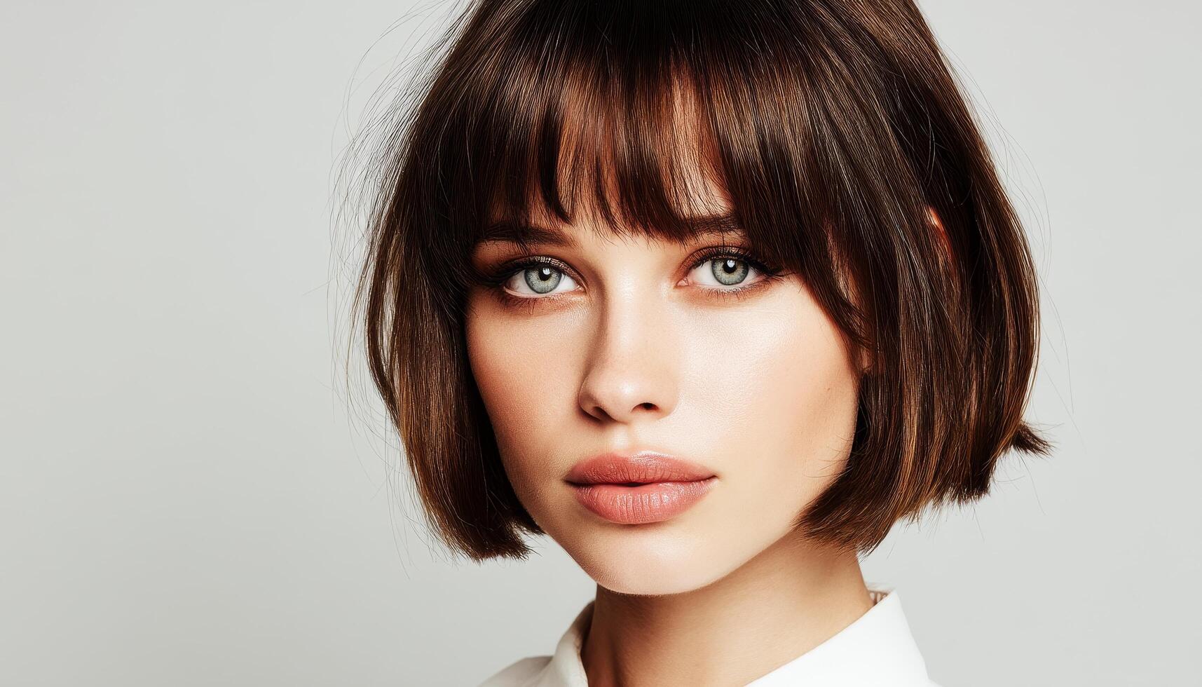 Modern portrait of brown-haired woman studio photography clean close-up photo