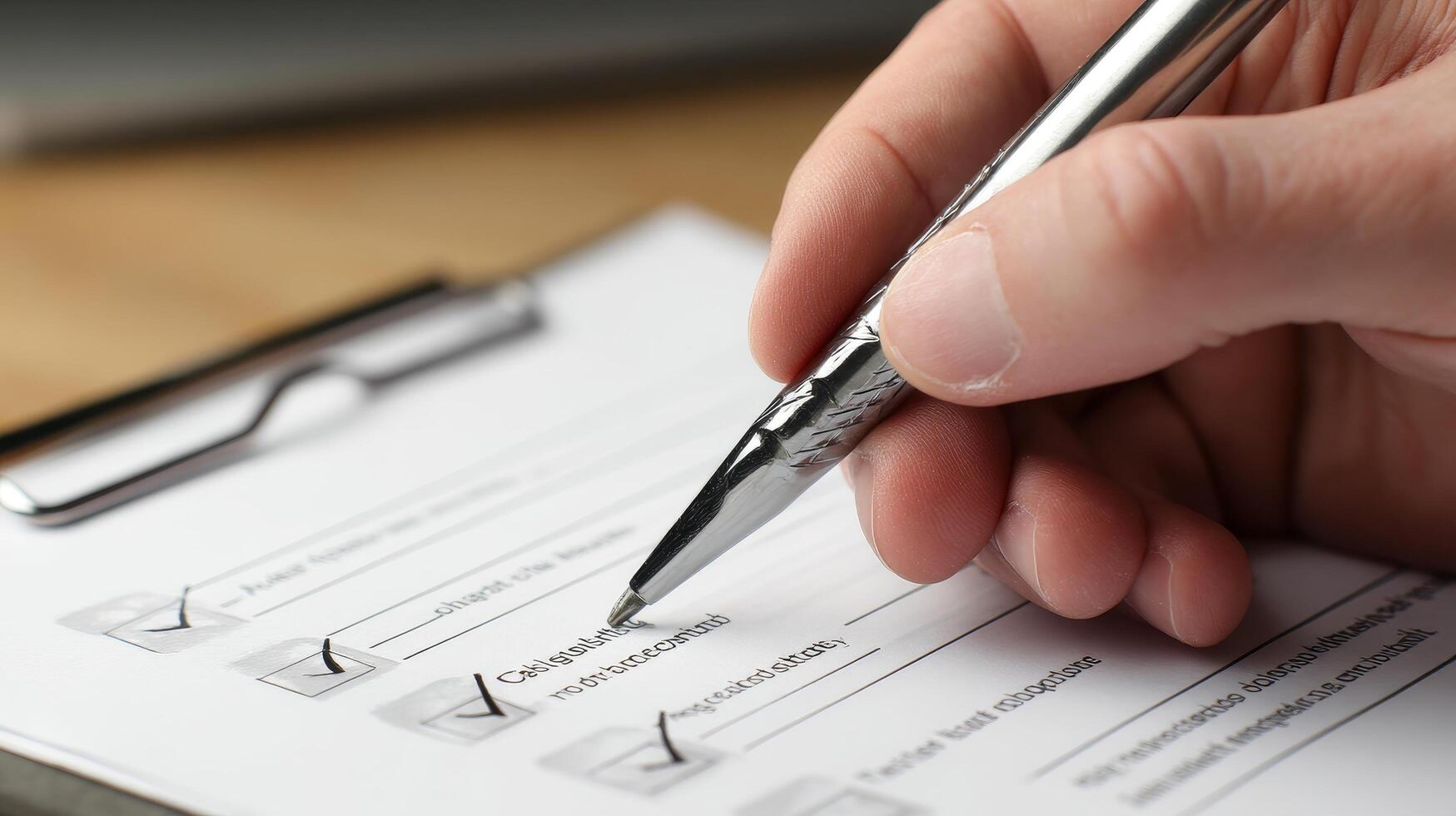 Business hand checking checklist at desk minimalist office setting photo