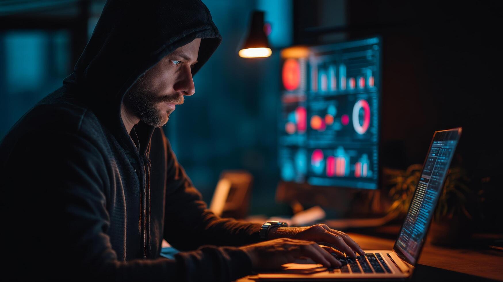 Cybersecurity analysis by man in dark hoodie at home office photo