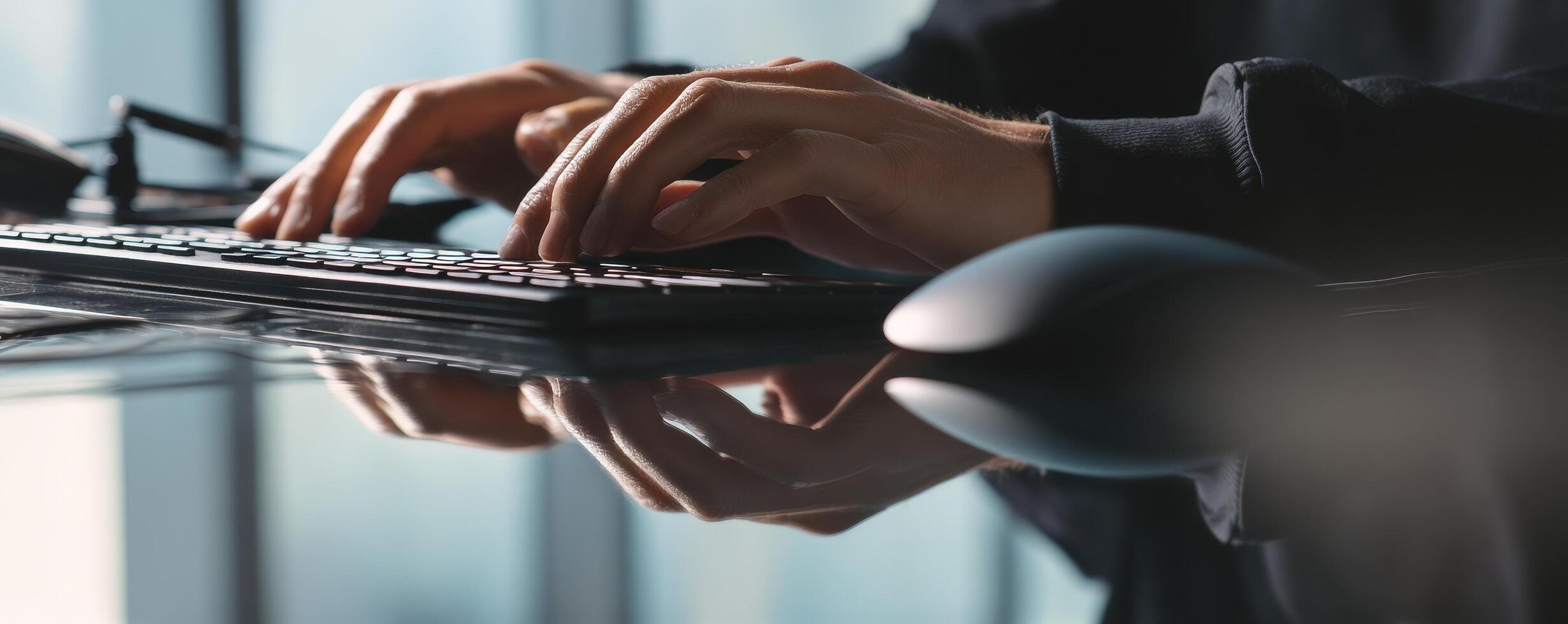 Person typing on sleek keyboard with reflection in modern office photo