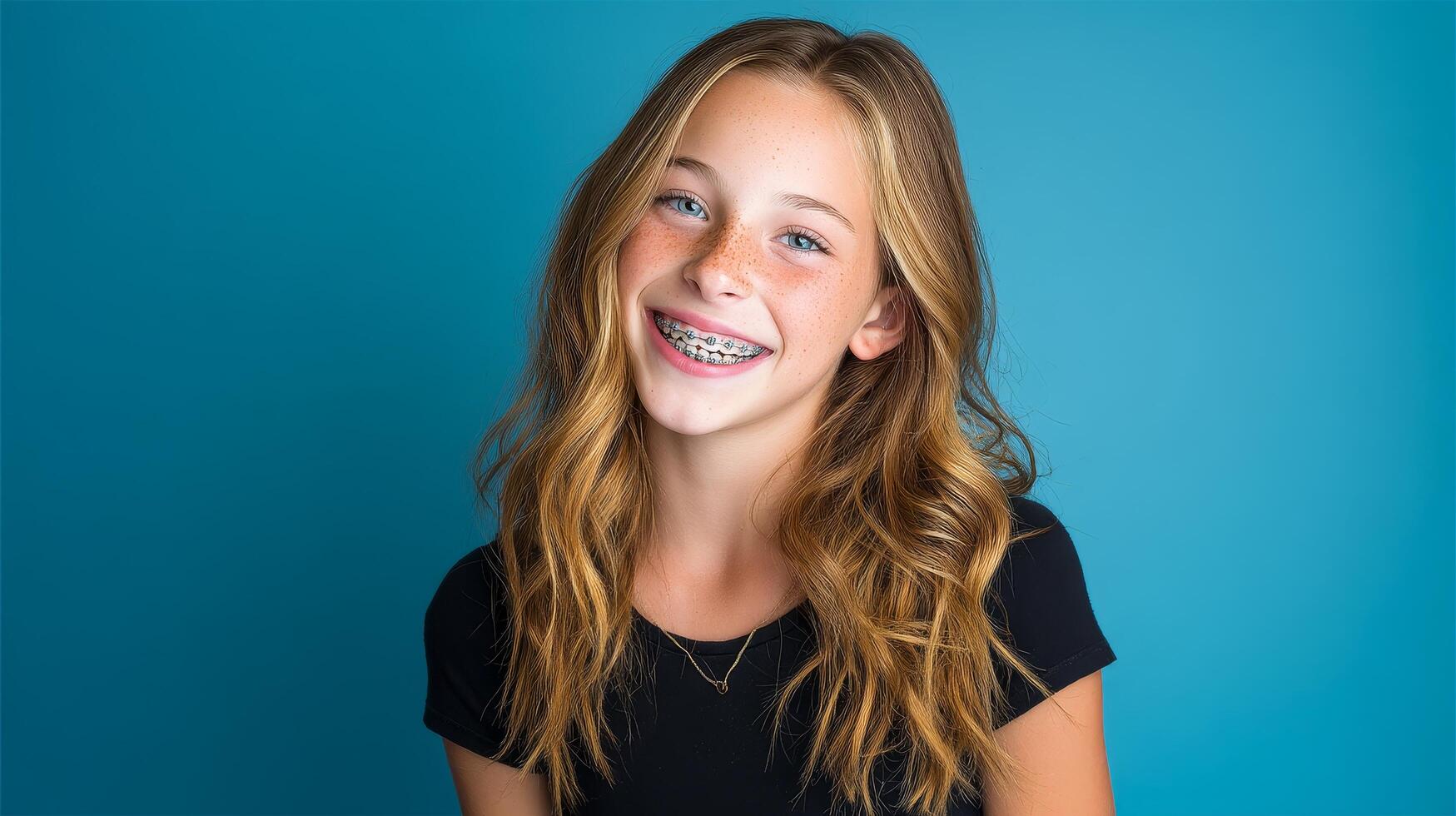 Smiling girl with clear orthodontic braces studio portrait blue background photo
