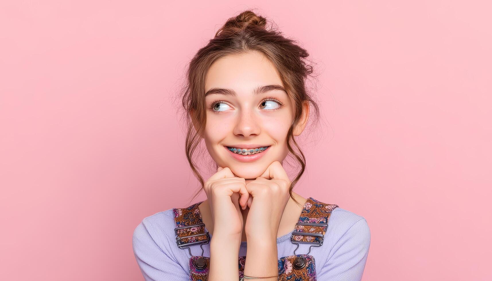 Cheerful teenage girl with braces studio portrait pink background photo