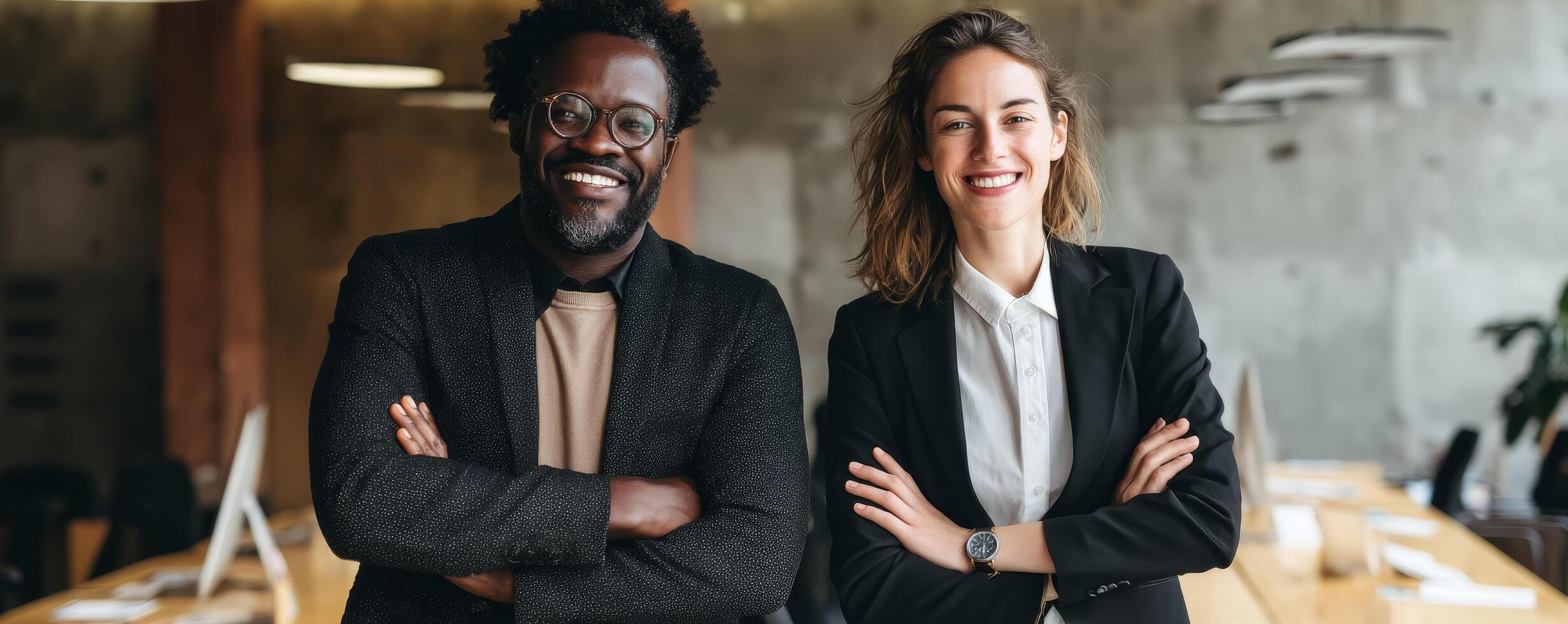 Inclusive business teamwork happy executives in office setting photo