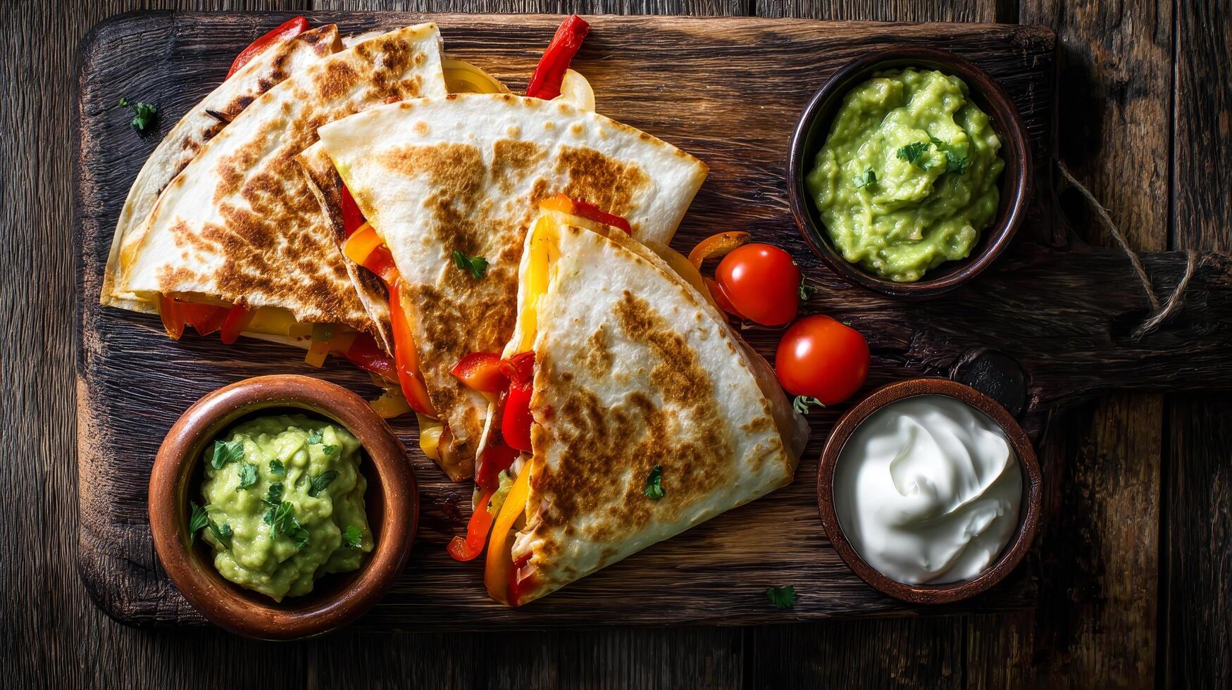 Grilled chicken quesadilla with cheese rustic kitchen food cozy close-up photo