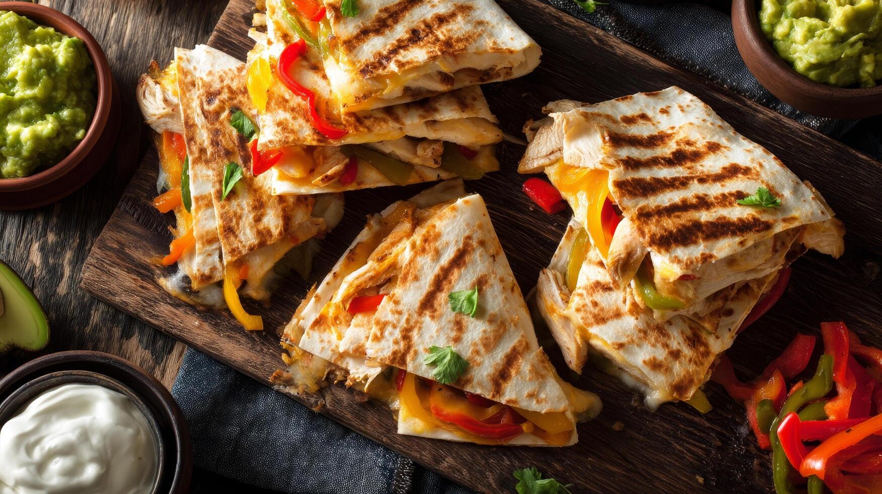 Aerial food photography grilled chicken quesadilla delight photo
