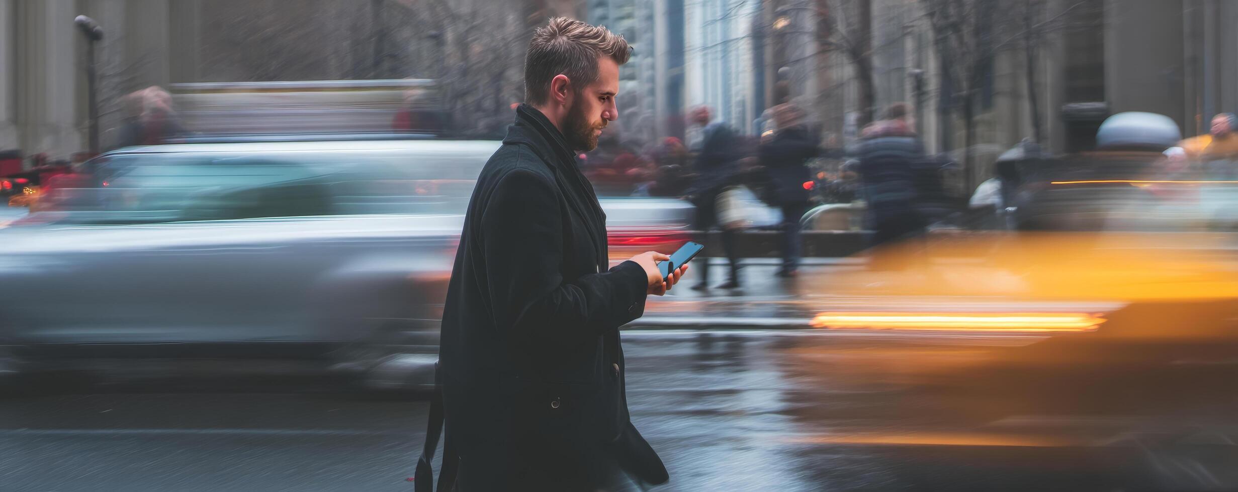 Urban man texting on smartphone amidst city traffic candid moment photo
