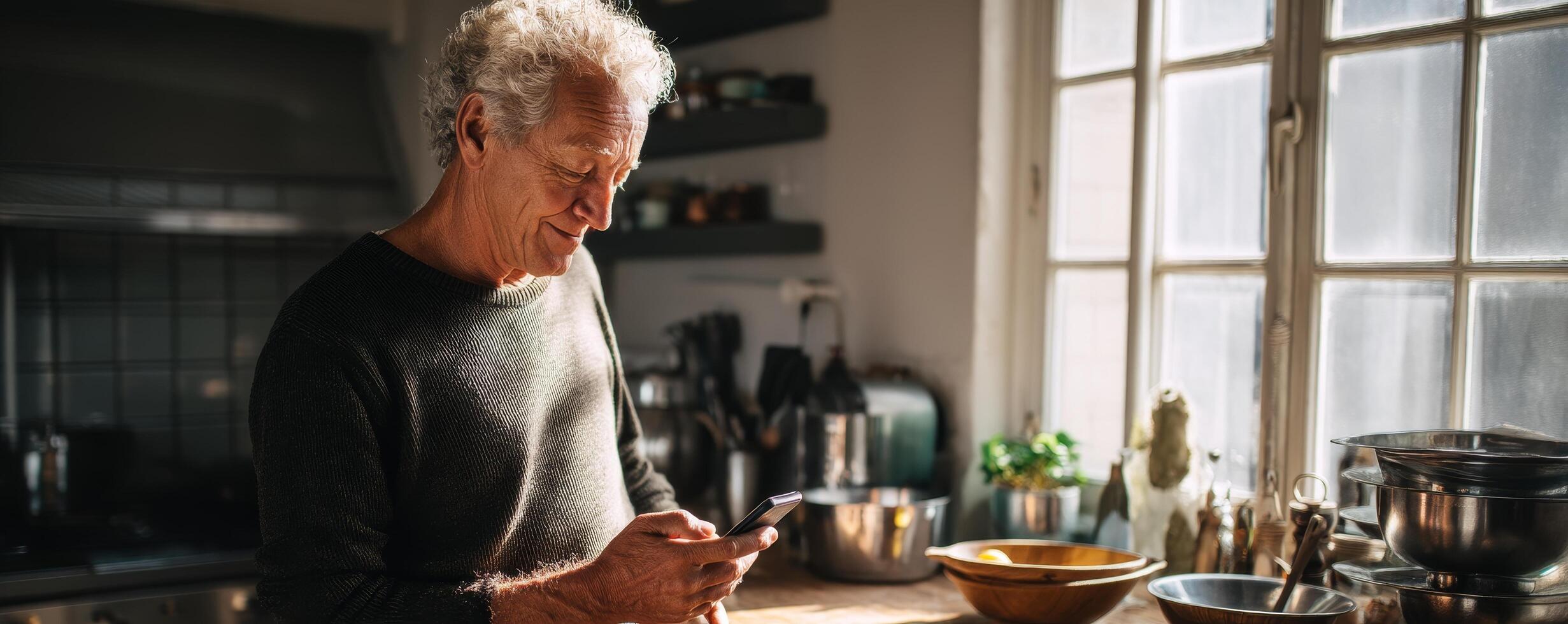 Senior man enjoying calm moment browsing phone in kitchen. photo
