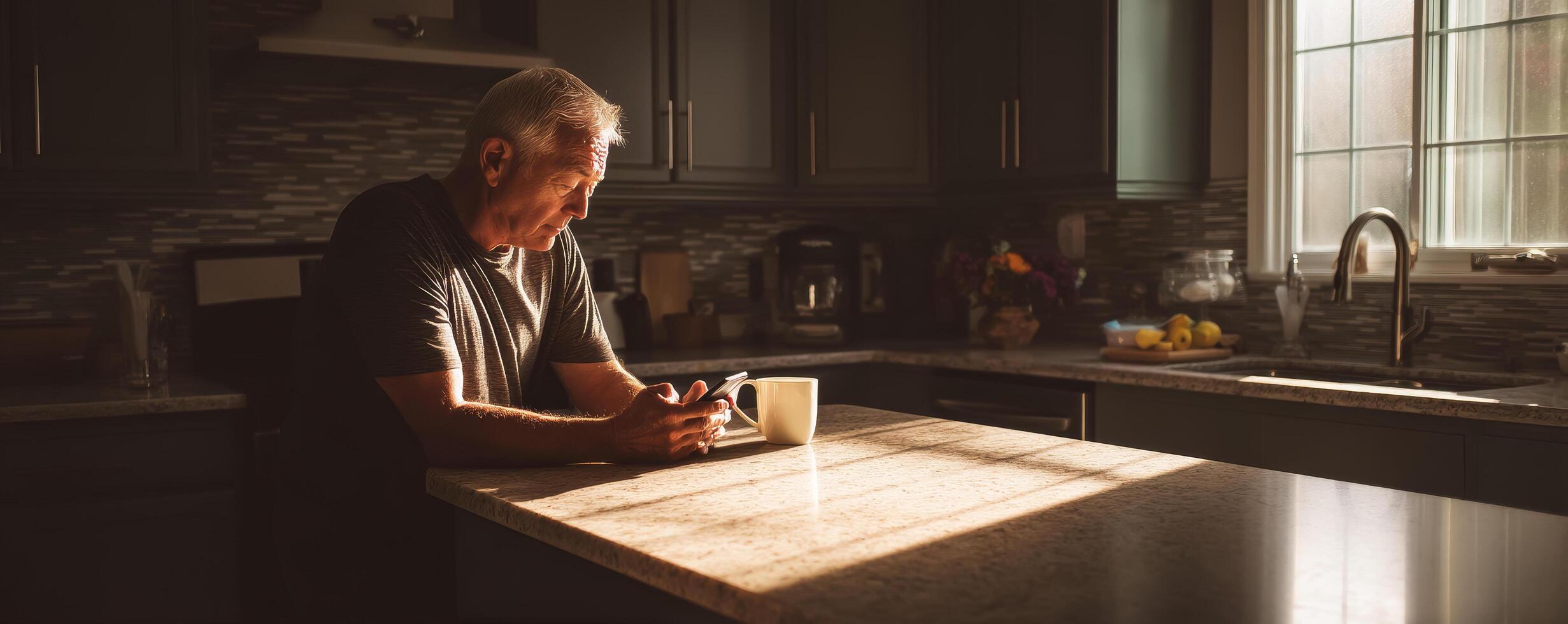 Senior man enjoying calm moment browsing phone in kitchen photo