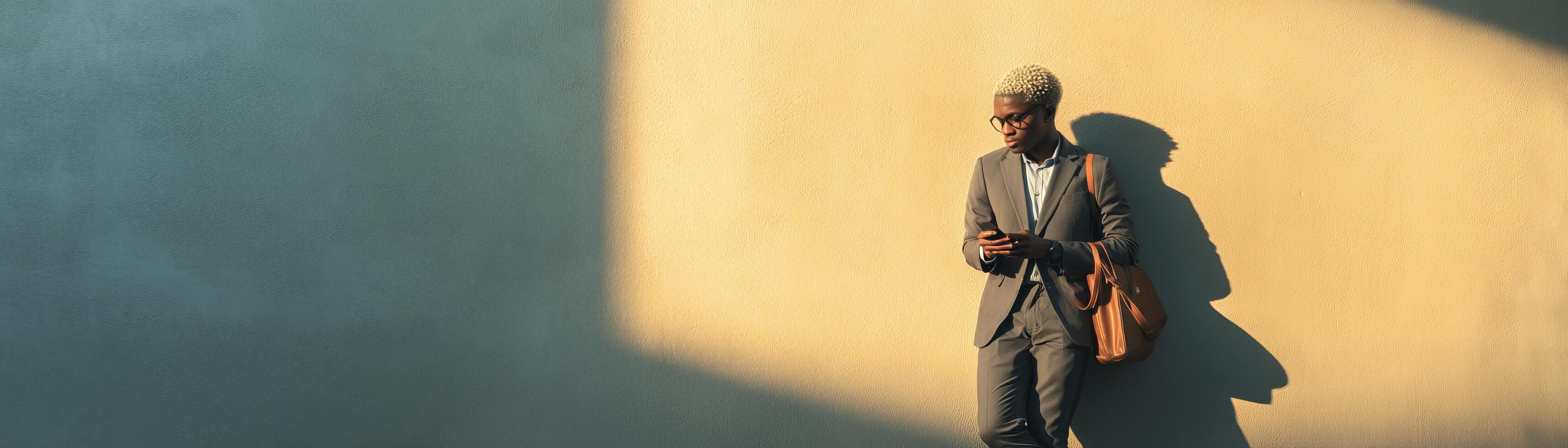 Businessman taking a calm break using phone in urban setting photo
