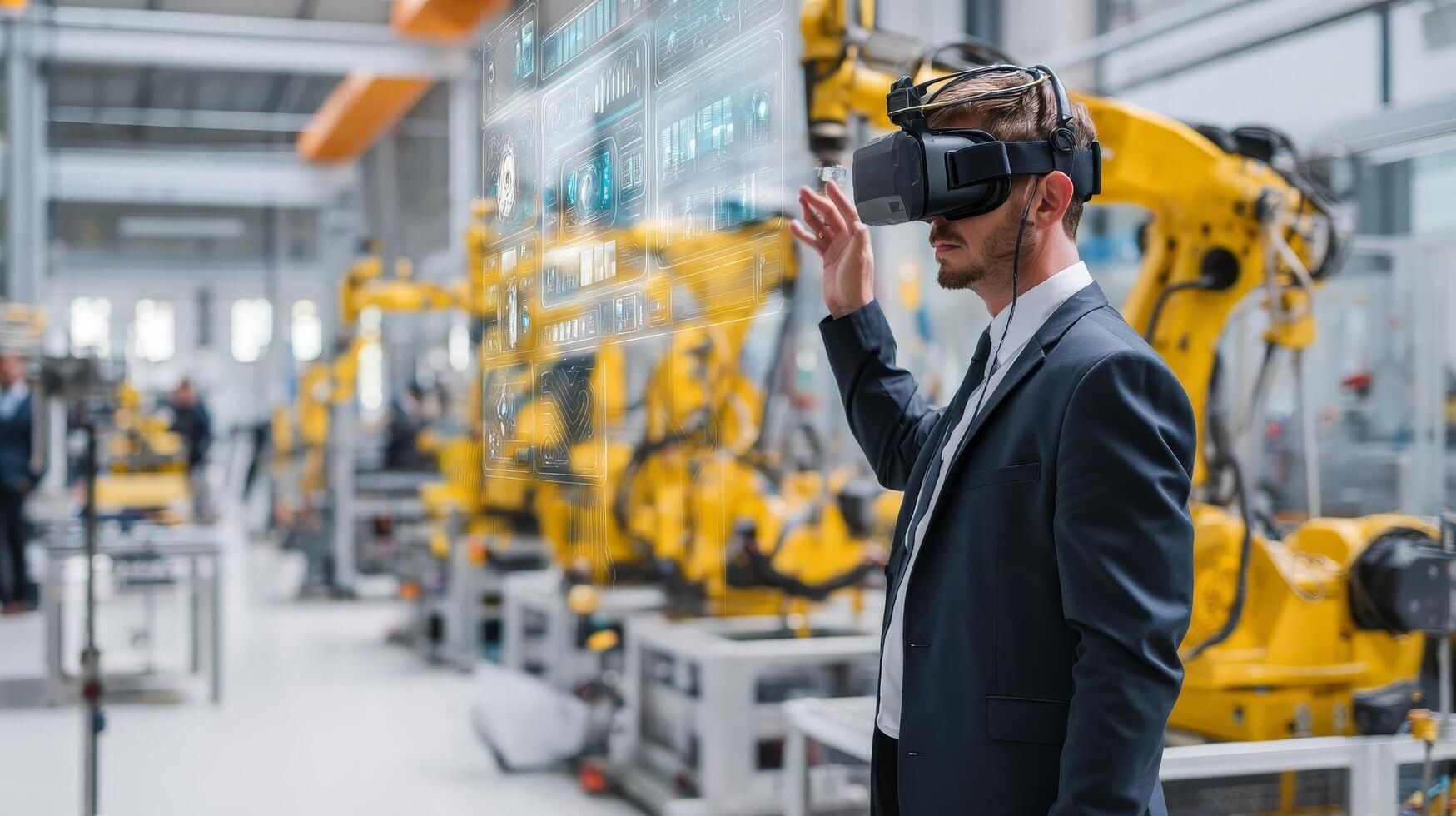 Businessman using vr headset in smart factory industrial setting photo