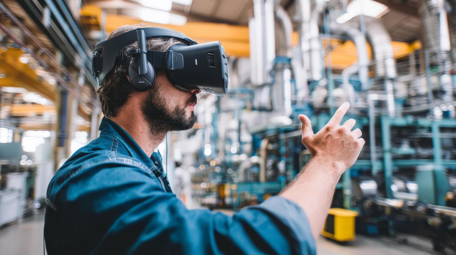 Businessman using vr headset in high-tech industrial environment photo
