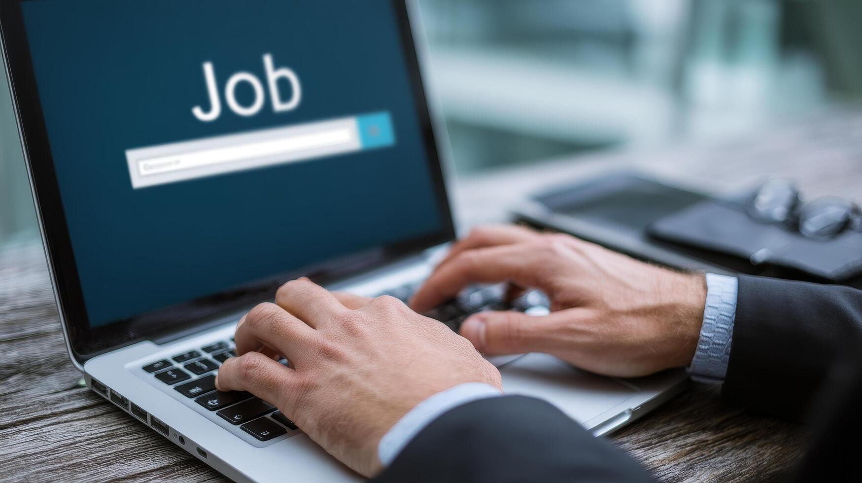 Businessman searching for job opportunities on laptop in modern office photo