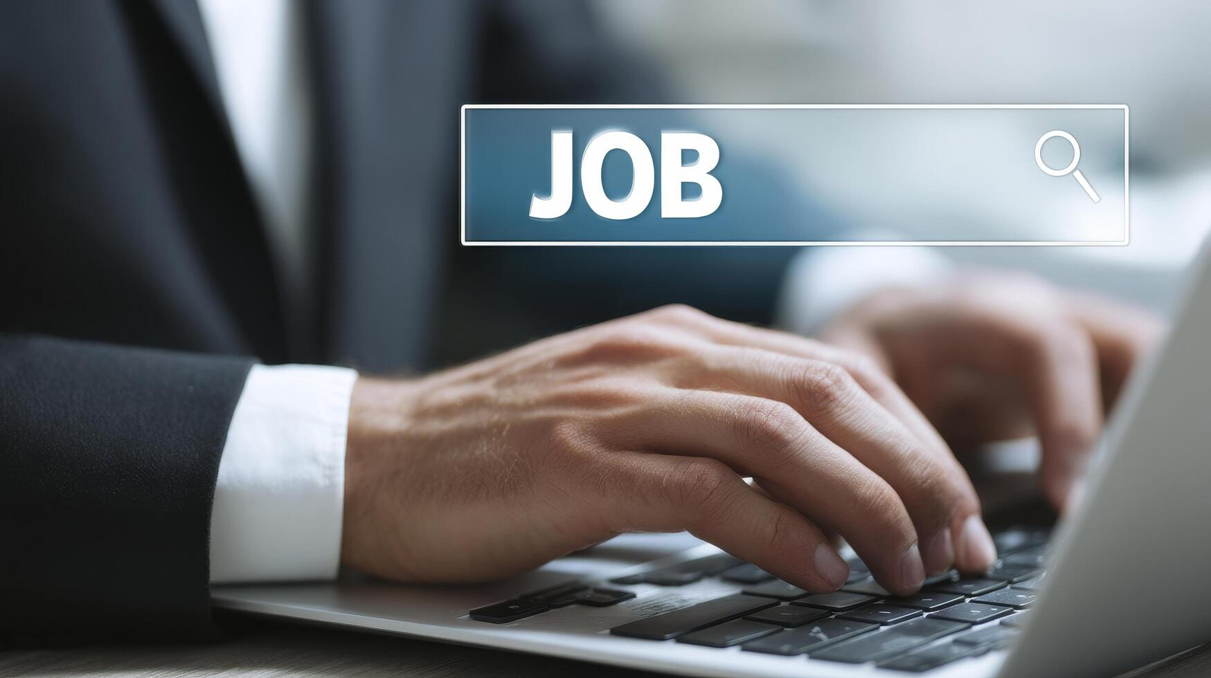 Businessman searching for job opportunities on laptop at office photo