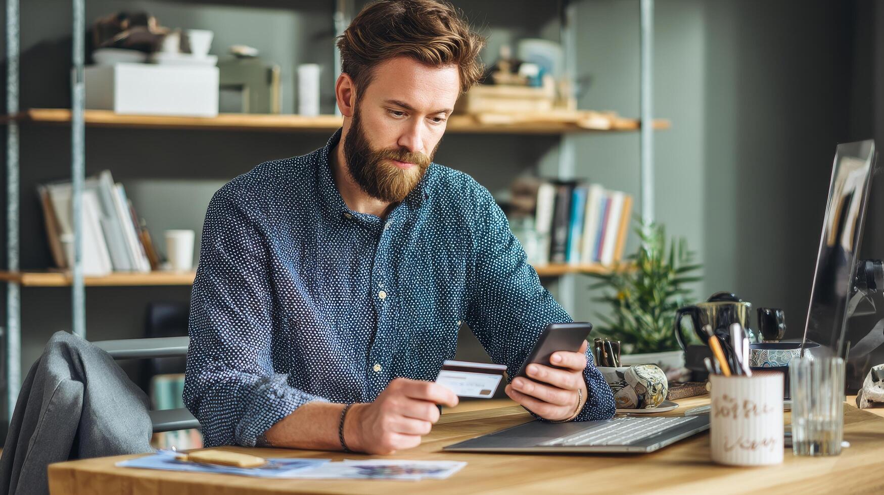 Businessman in casual shirt working at desk home office focused task photo