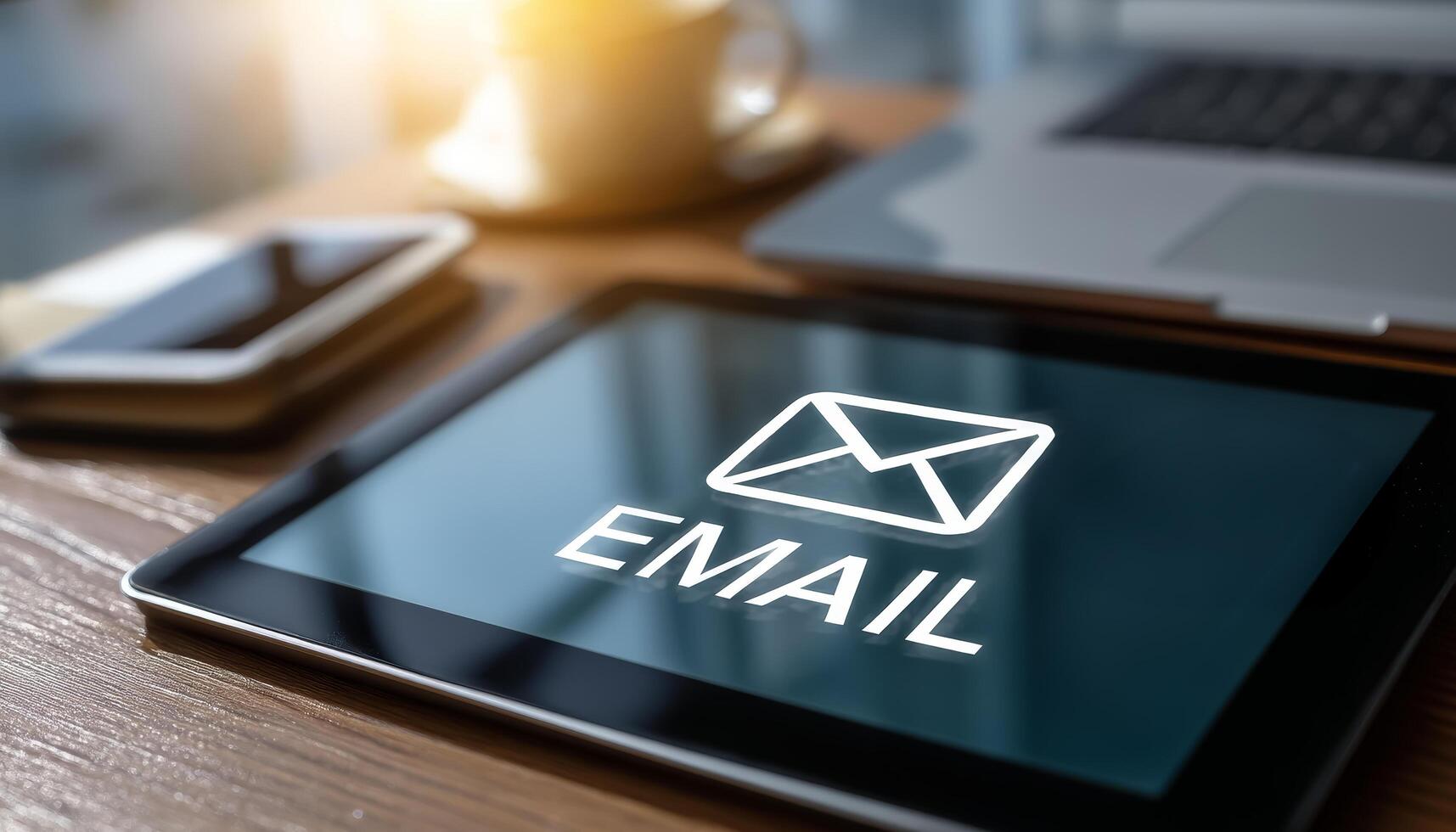 Business tablet displaying new email notification in modern office photo