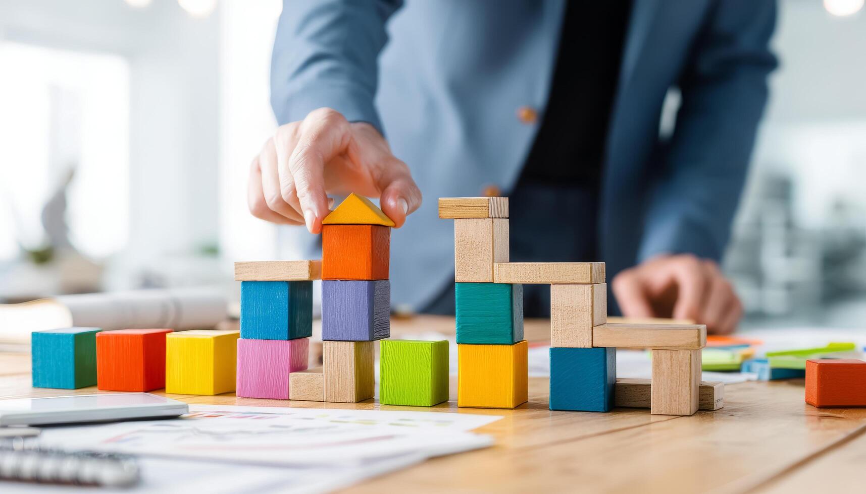 Building blocks of success professional man in office environment photo