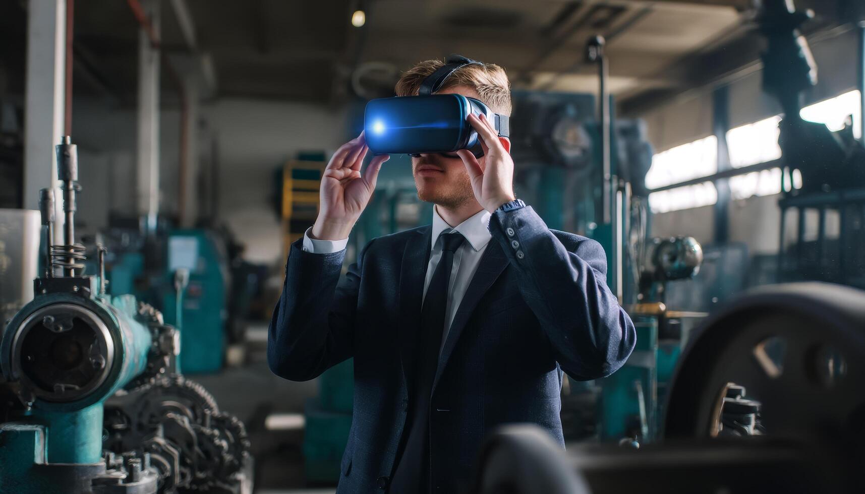 Professional man using vr goggles in industrial setting photo