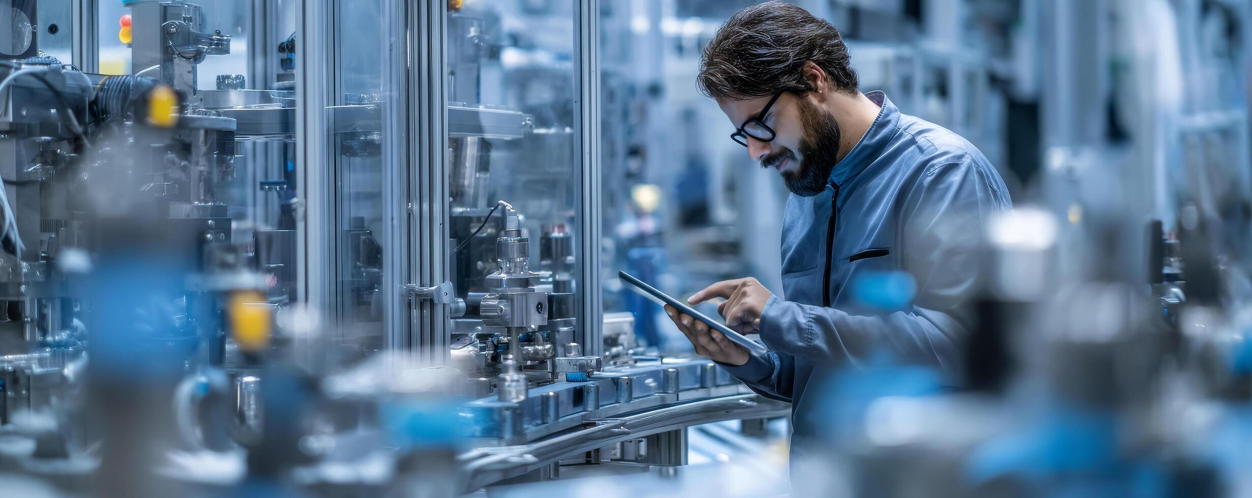 Professional using tablet in smart manufacturing plant photo