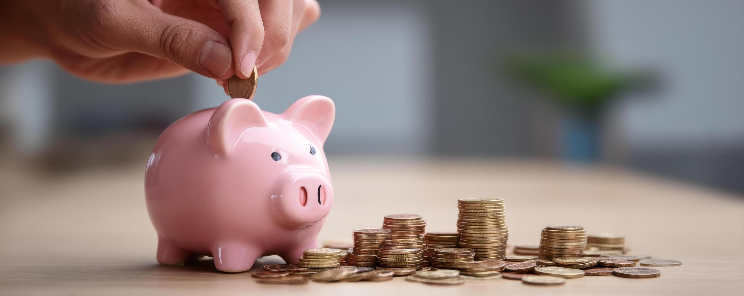 Saving money with a piggy bank home office financial growth cozy close-up photo