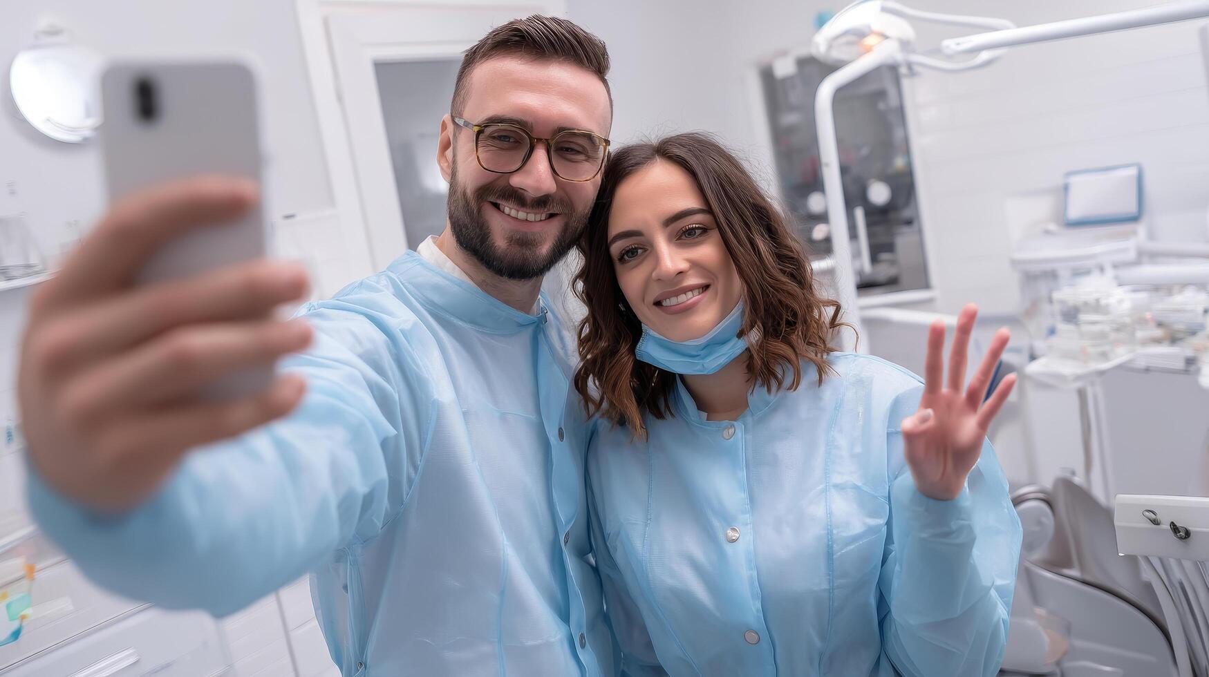 Dental team smiling together in clinic professional portrait bright environment photo