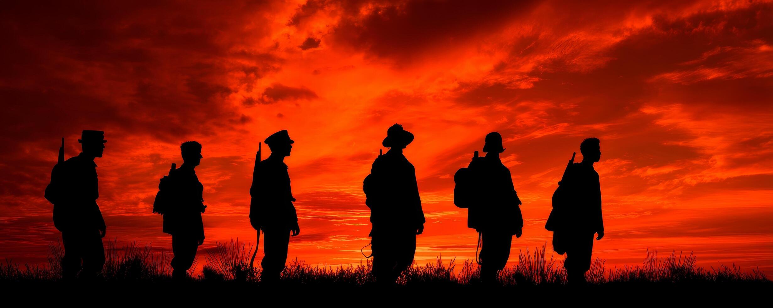 Brave soldiers silhouetted against fiery sunset military tribute photo