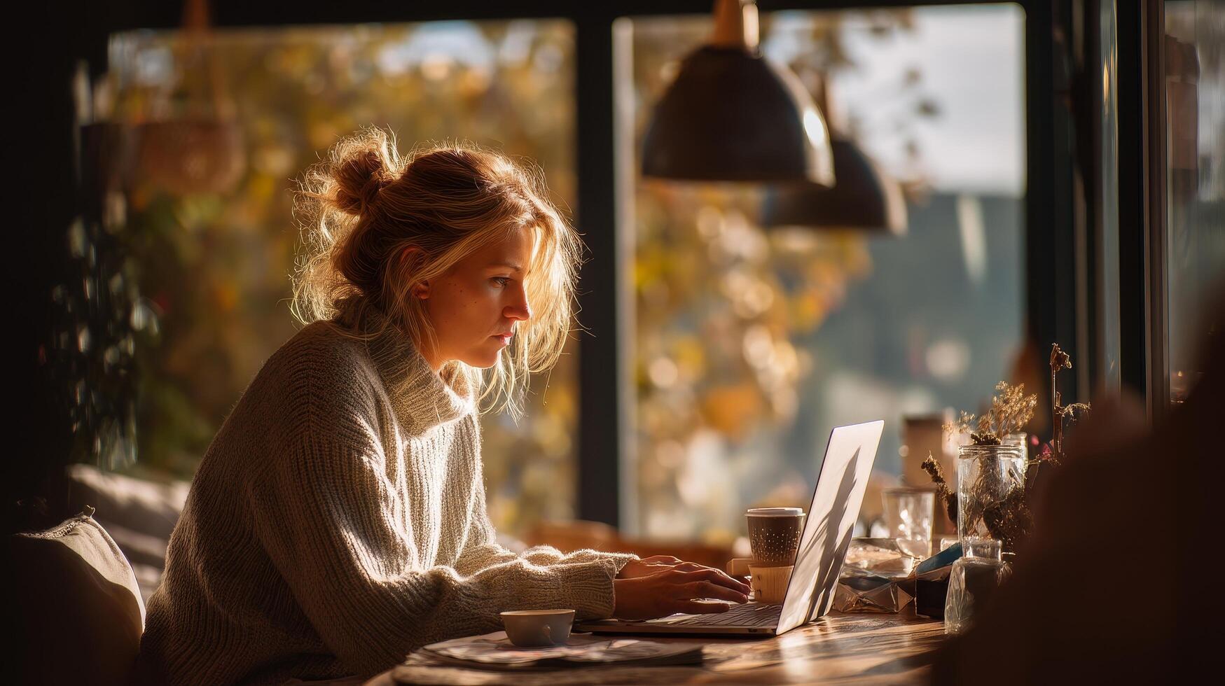 Focused woman working on laptop in cozy autumn vibes at home photo