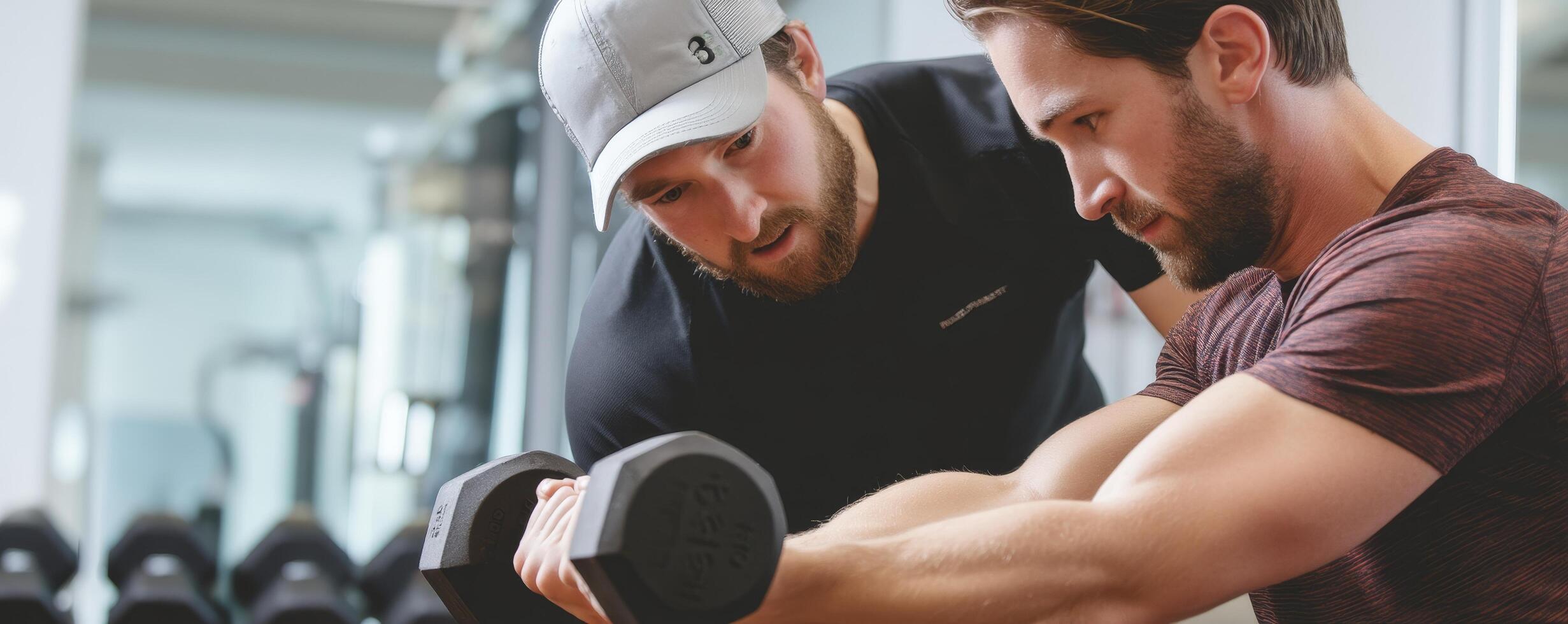 Athletic recovery assistance gym training session indoor close-up photo