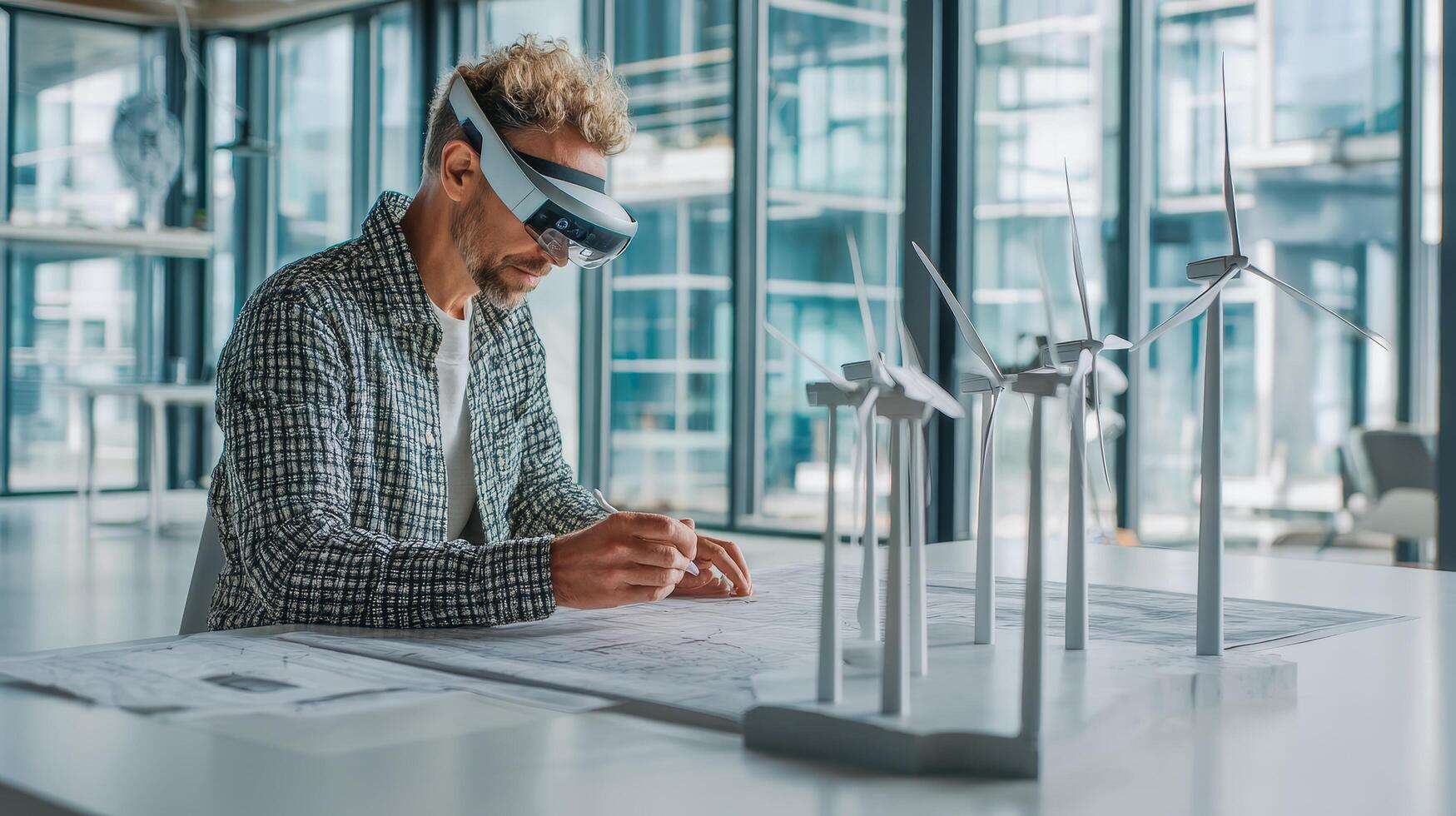 Architect reviewing scale model with ar glasses in modern office photo