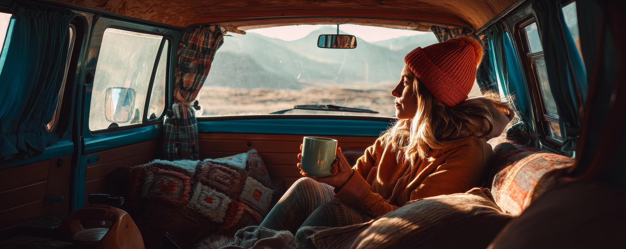 Cozy morning relaxation mountain landscape lifestyle van interior photo