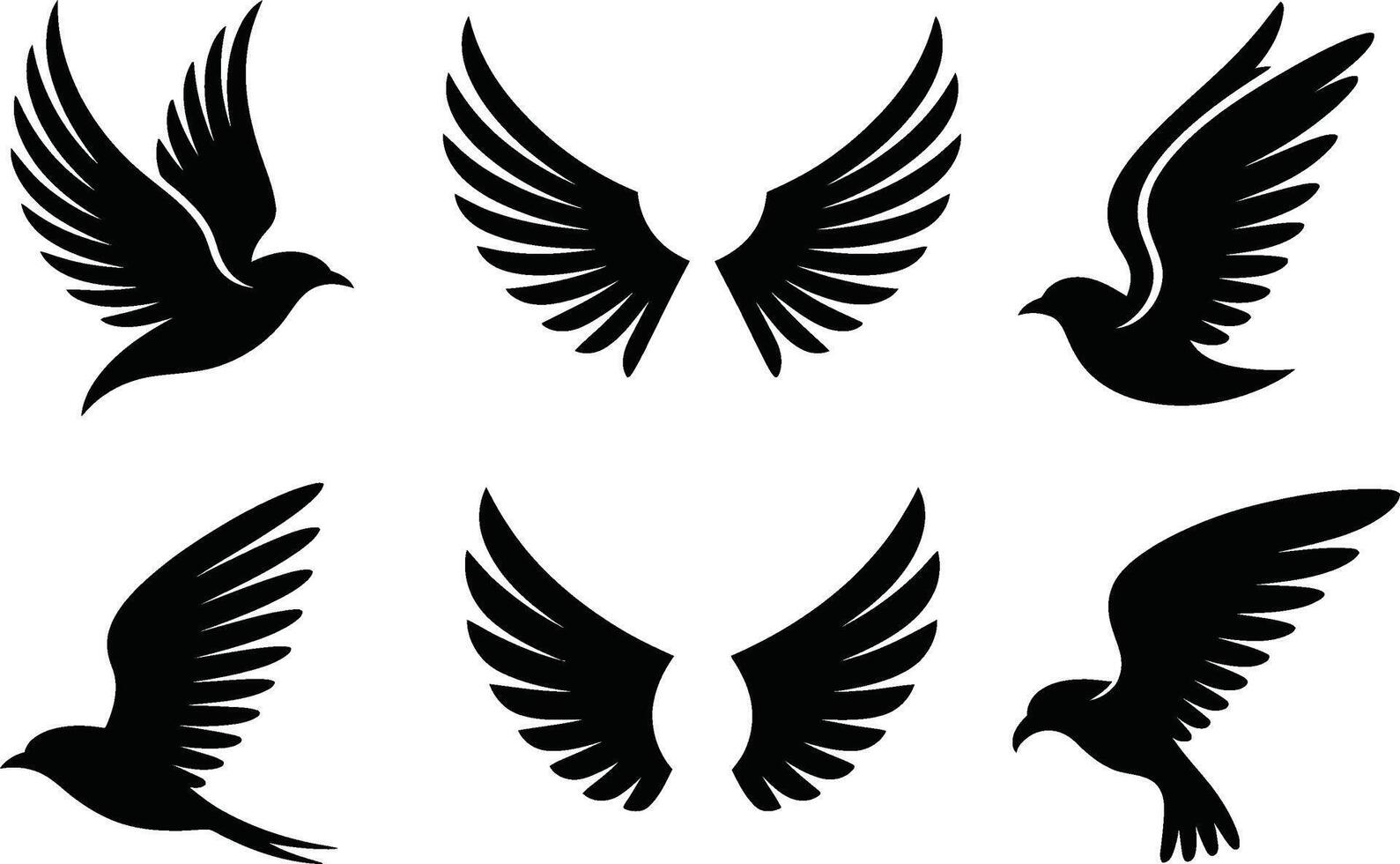 Silhouette illustrations of flying birds and wings symbolizing freedom and inspiration vector