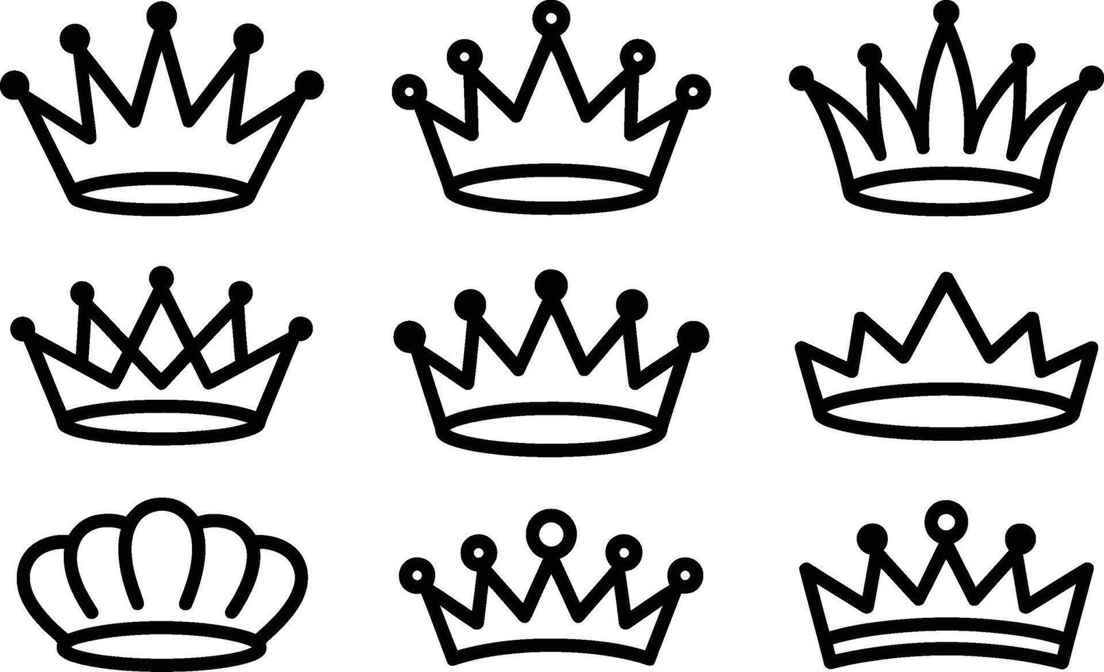 Collection of stylized crown illustrations in black and white outline vector