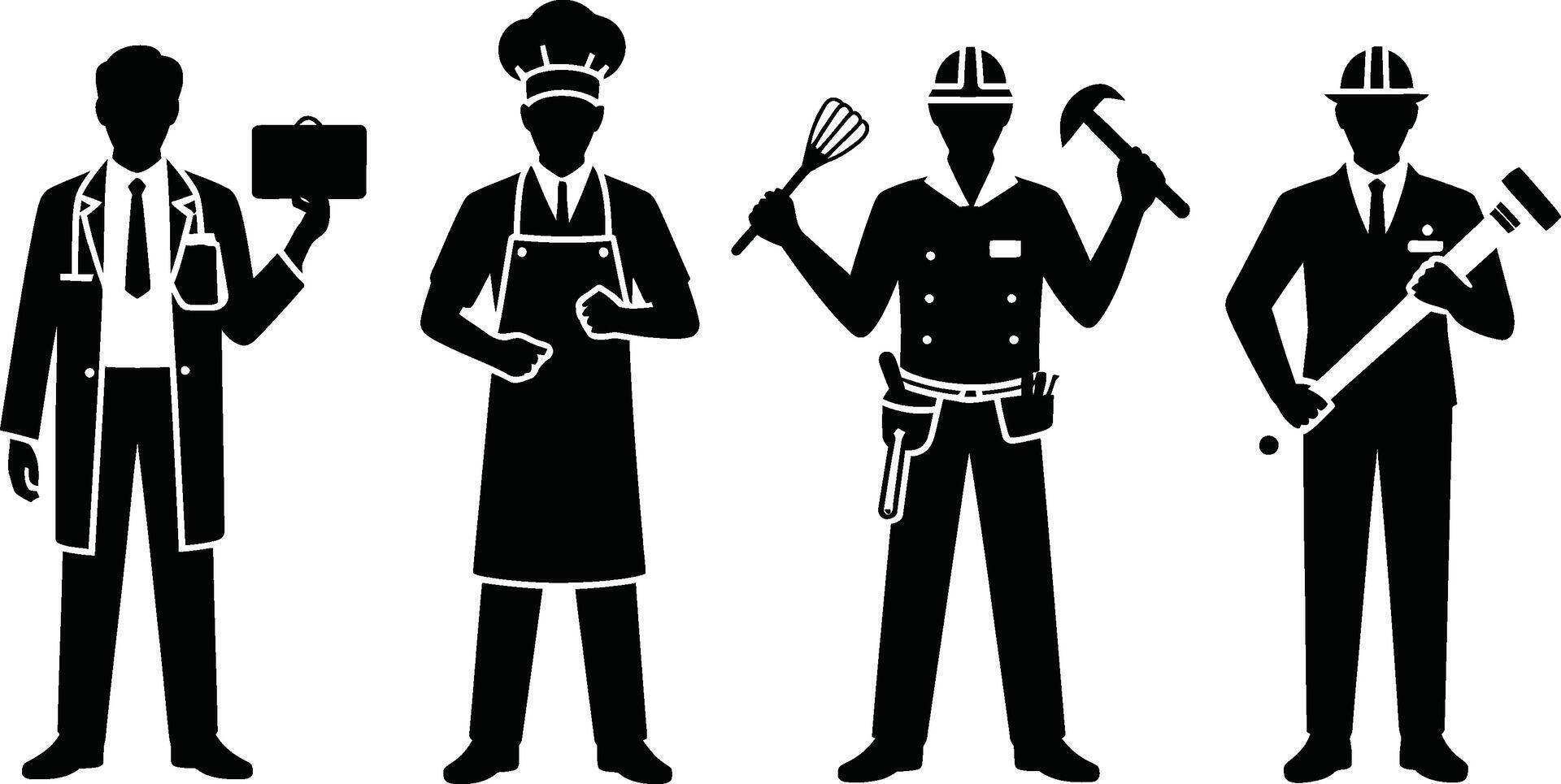Professional occupations diverse workforce black and white career set illustration vector