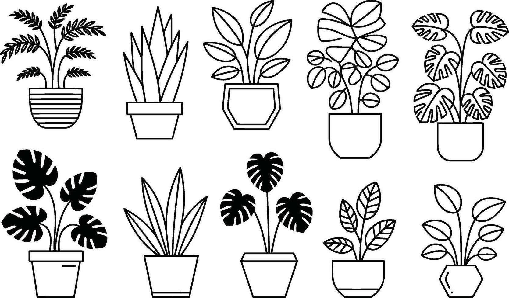 Collection of potted house plants in minimalist line art style design vector