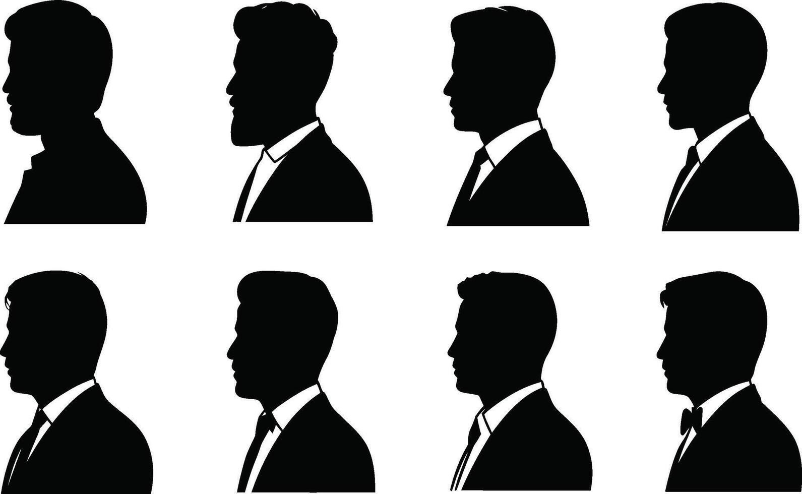 Silhouettes of men wearing suits in profile view black and white vector