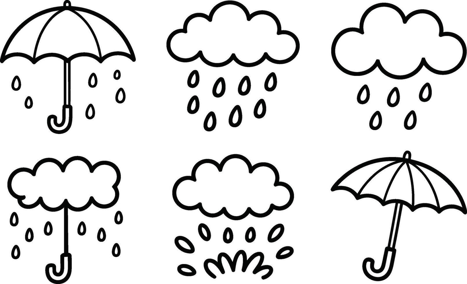 Black and white line art featuring rain clouds and umbrellas illustration vector