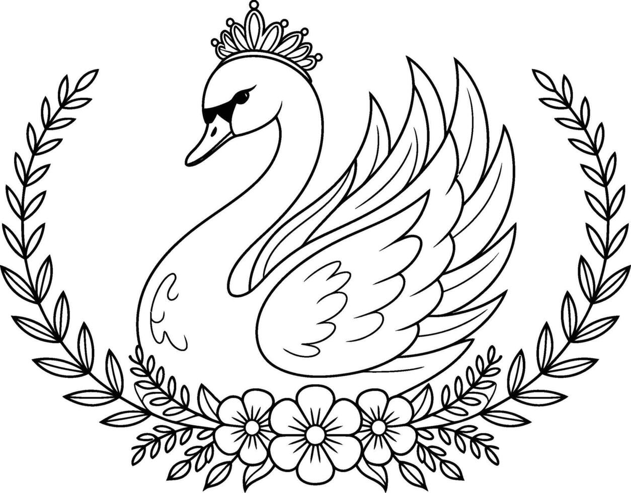 Elegant swan with crown floral frame black and white outline illustration vector
