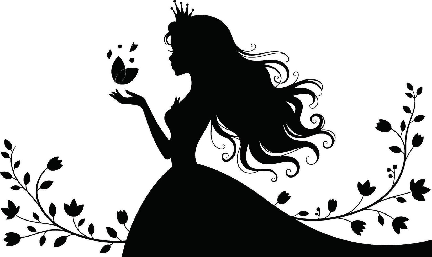 Silhouette of a queen with butterfly and flowers illustration vector