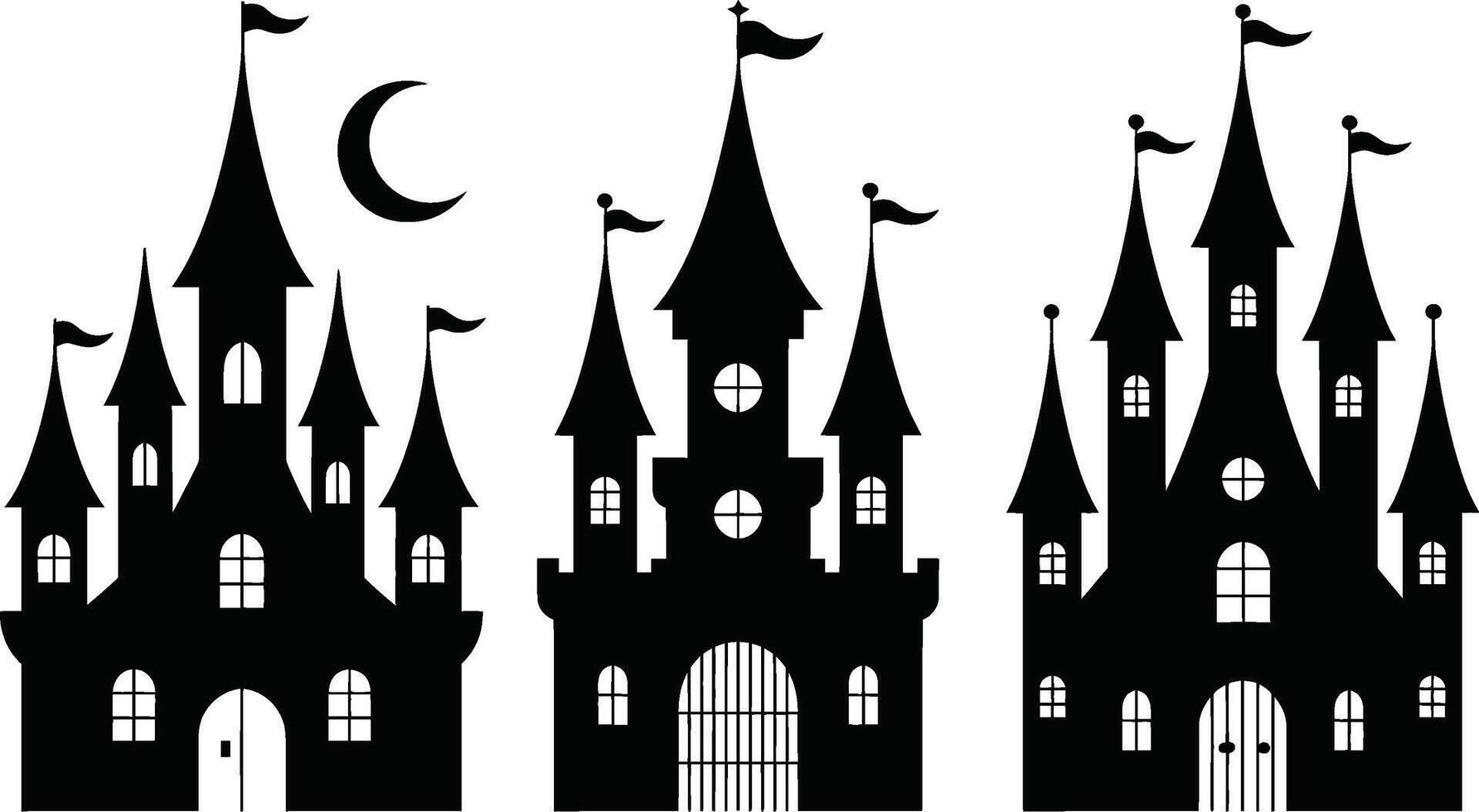 Three black castles with moon silhouette halloween illustration vector