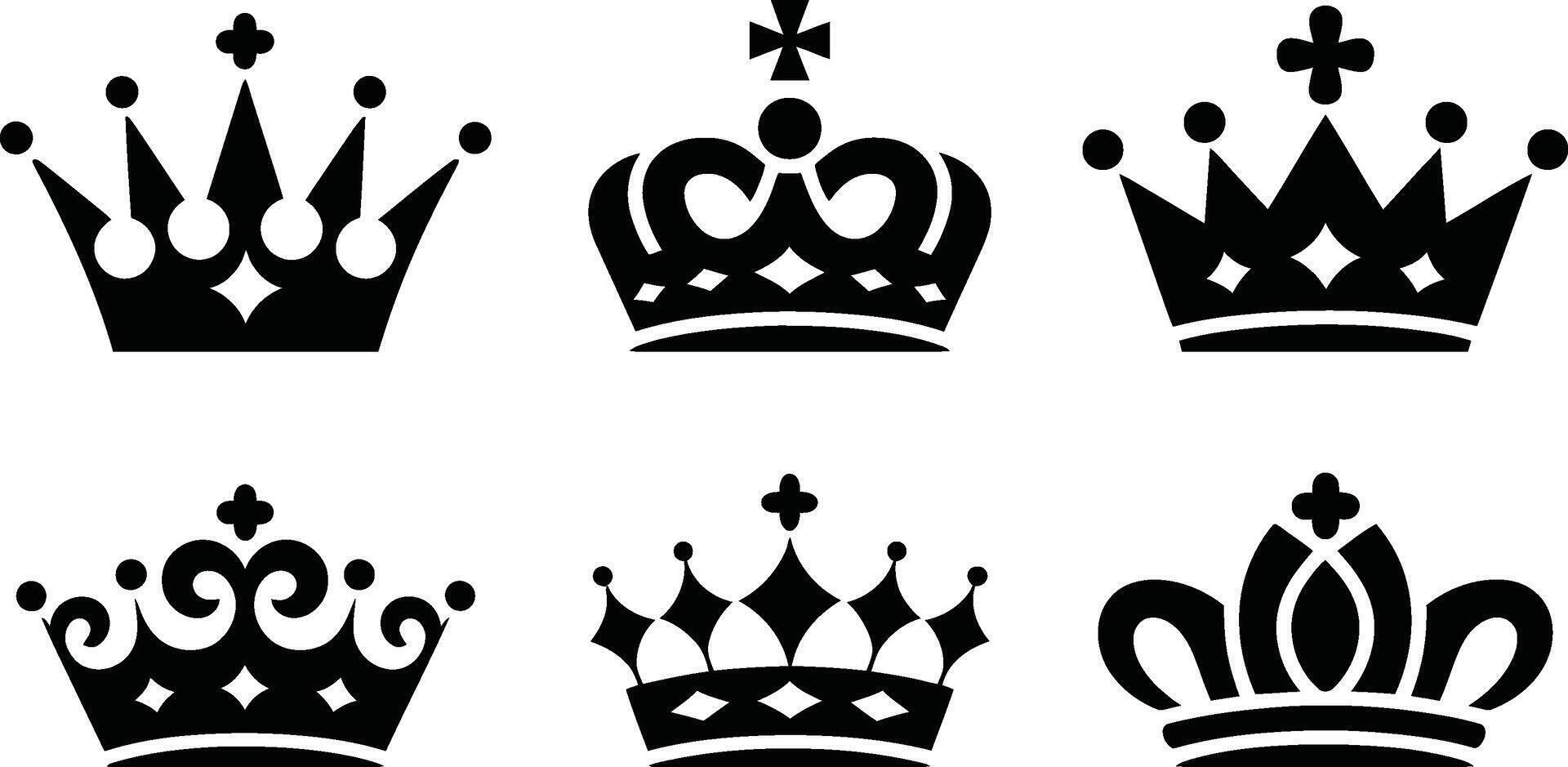 Collection of six elegant black crown illustrations on white background vector