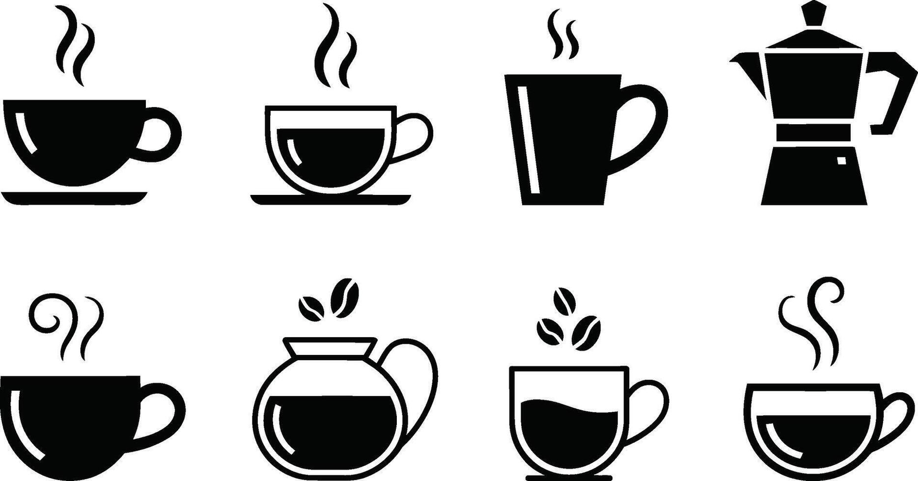 Collection of coffee cups and pots black and white icons vector