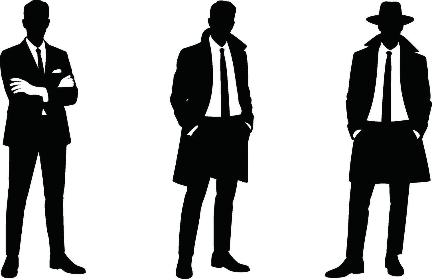 Businessmen silhouette illustration featuring men in suits and overcoats vector