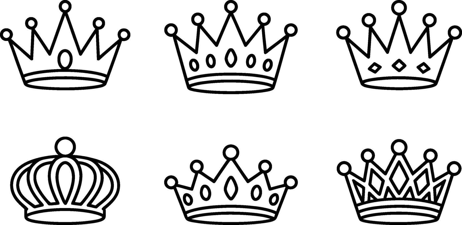 Collection of royalty crown outlines six simple black and white crown designs vector